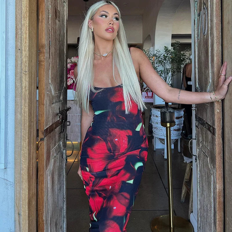 Ladies Summer Floral Print New Fashion Birthday Party Dress Women Sleeveless Backless Sexy Bodycon Maxi Dresses Club Streetwear