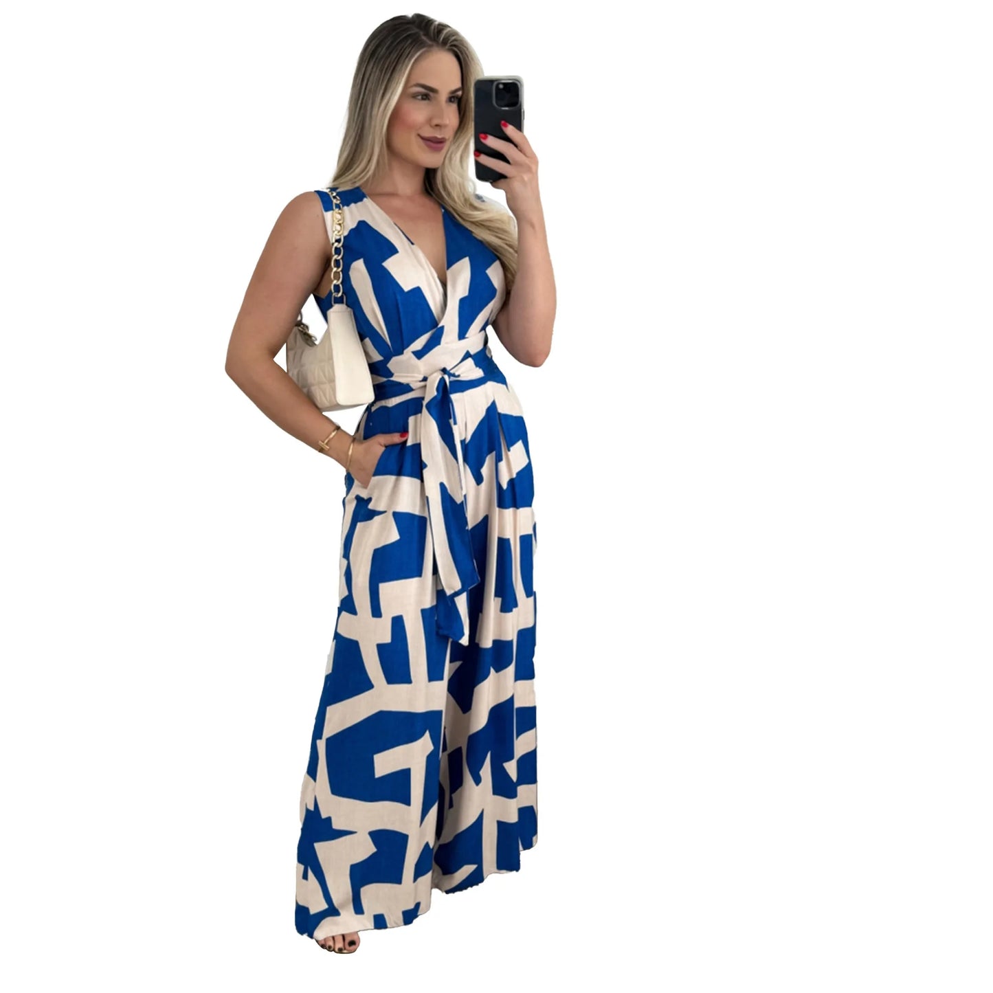 Autumn Women's Fashionable And Casual Jumpsuit Color Matching Deep V-waist Tied Sleeveless Mid Waist Straight Jumpsuit Women