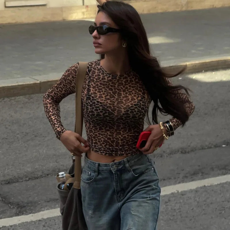 Ladies summer Leopard Print Clubwear Y2K Clothes Women Long Sleeve O-Neck Mesh See Through Slim T Shirt Holiday Streetwear Tees