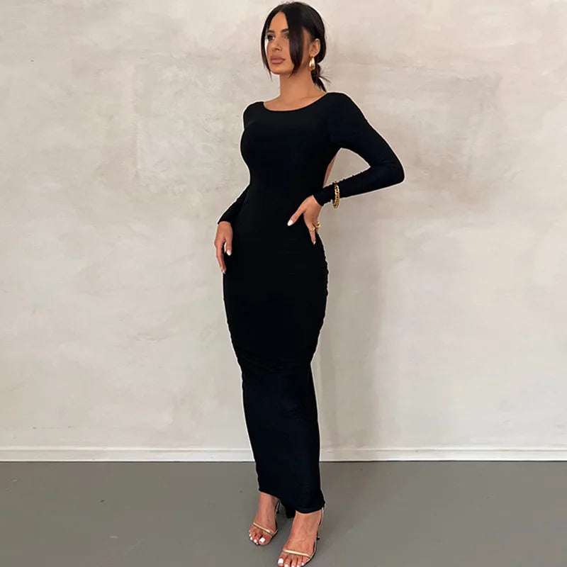 Ladies Autumn Elegant Evening Party Dress Women Long Sleeve Backless Ruched Fashion Long Dresses Woman Clothes Birthday Clubwear