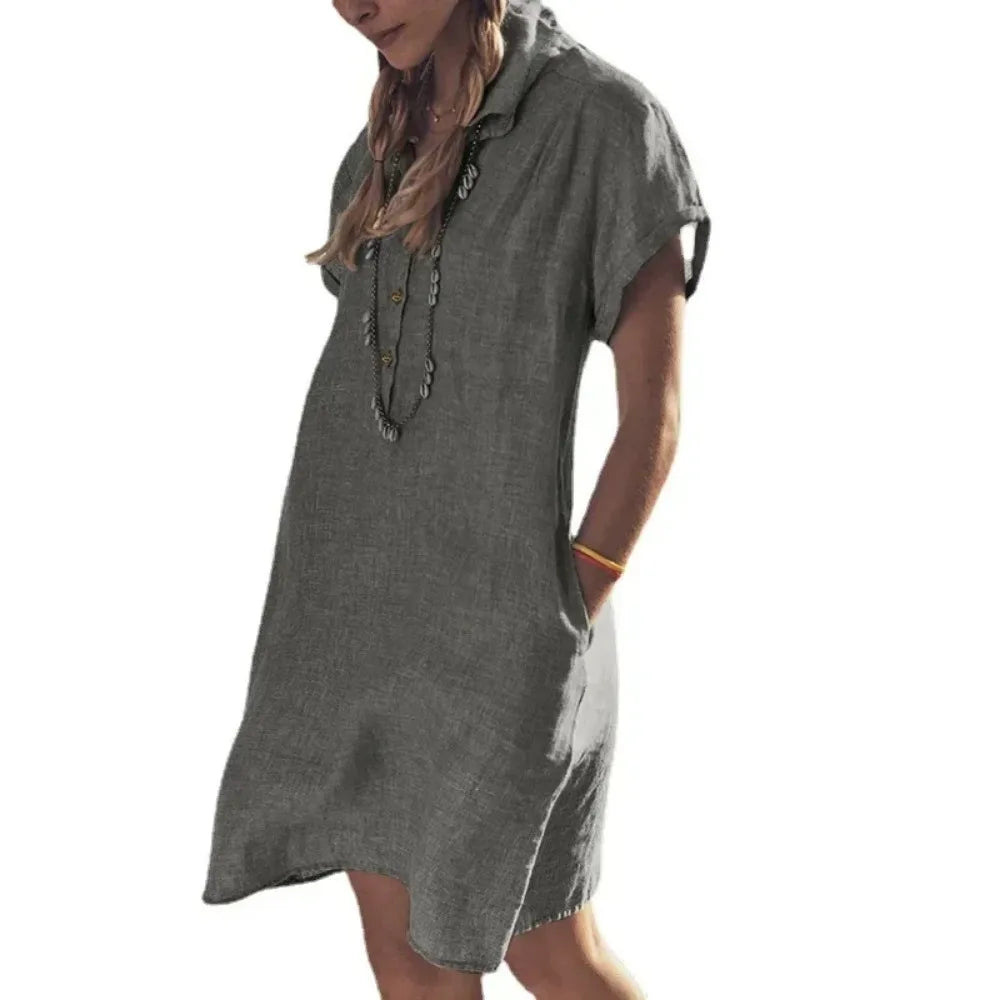 Women's L-5XL Plus Size Summer Cotton and Linen Short Sleeved Button Dress with Lapel Pockets Solid Color Loose Fitting Dress