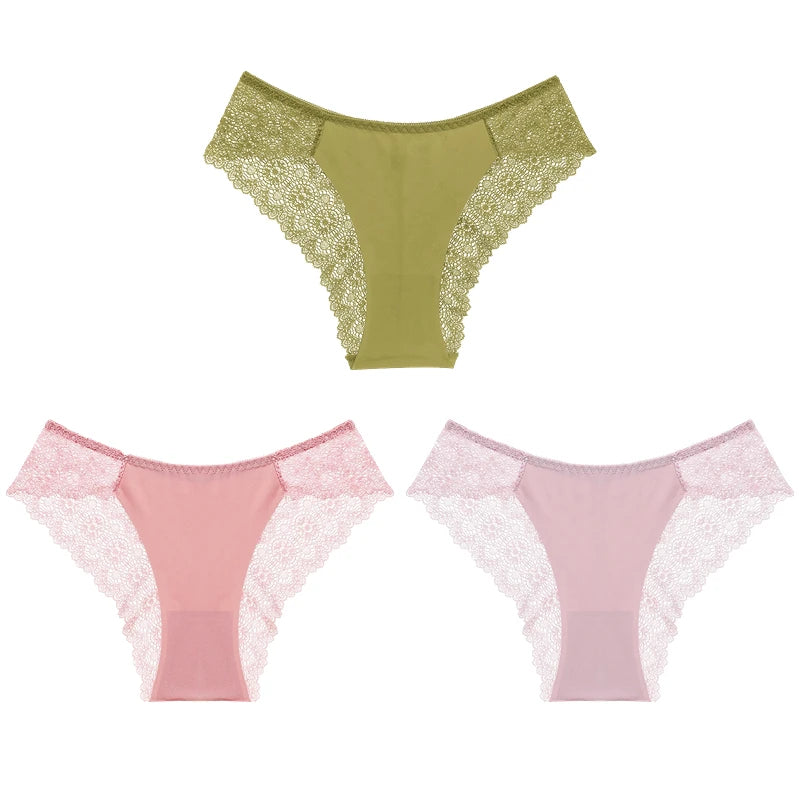 TrowBridge 3PCS/Set Sweet Women's Panties Silk Satin Underwear Lace Sexy Lingerie Girls Breathable Briefs Soft Comfortable Panty