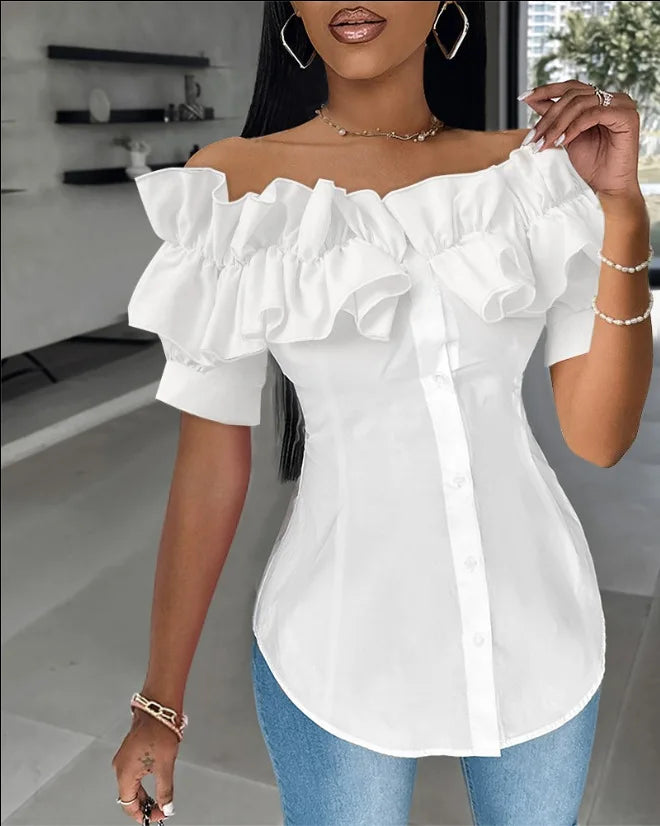 Sexy One-piece Collar Slim White Shirt And Blouses Women's Summer Short Sleeve Fashion Ruffle Button Cardigan Female Shirts Top