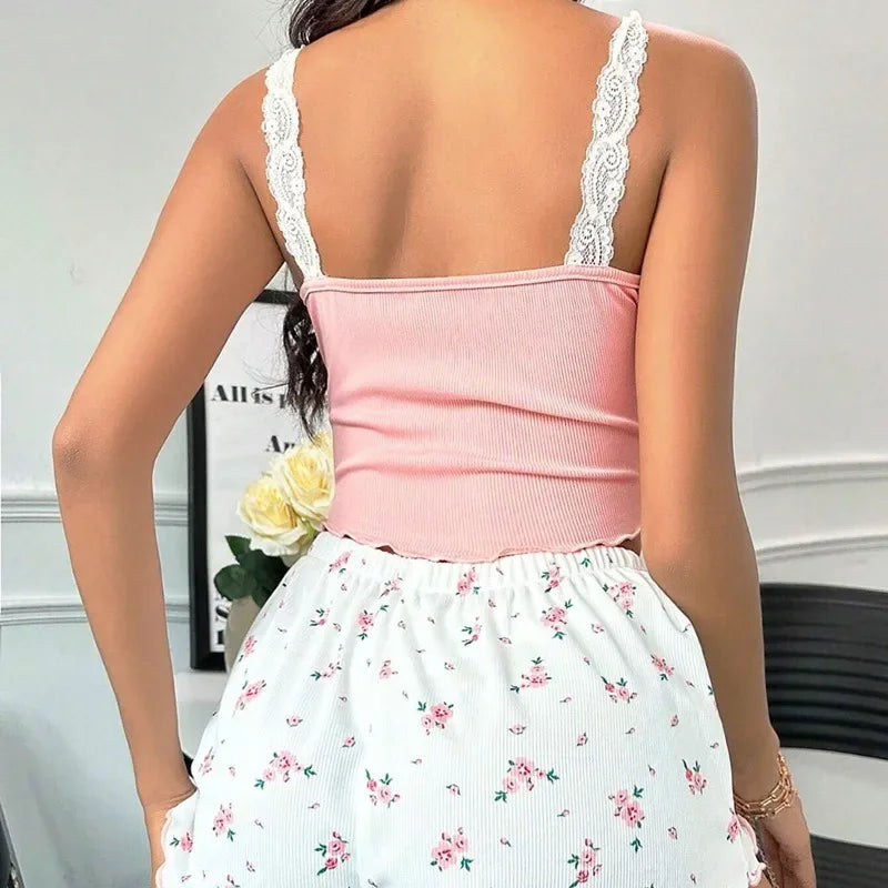 2Pcs/set fancy lingerie women's homewear lace camisole tank top shorts stretch college students homewear casual wearable pajamas