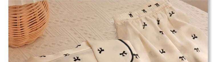 Sweet Cute Lace Flower Side Bow Print Women's Pajamas Simulated Silk Short Summer Cool Lady Lounges 2024 New Classy Y2k Homewear