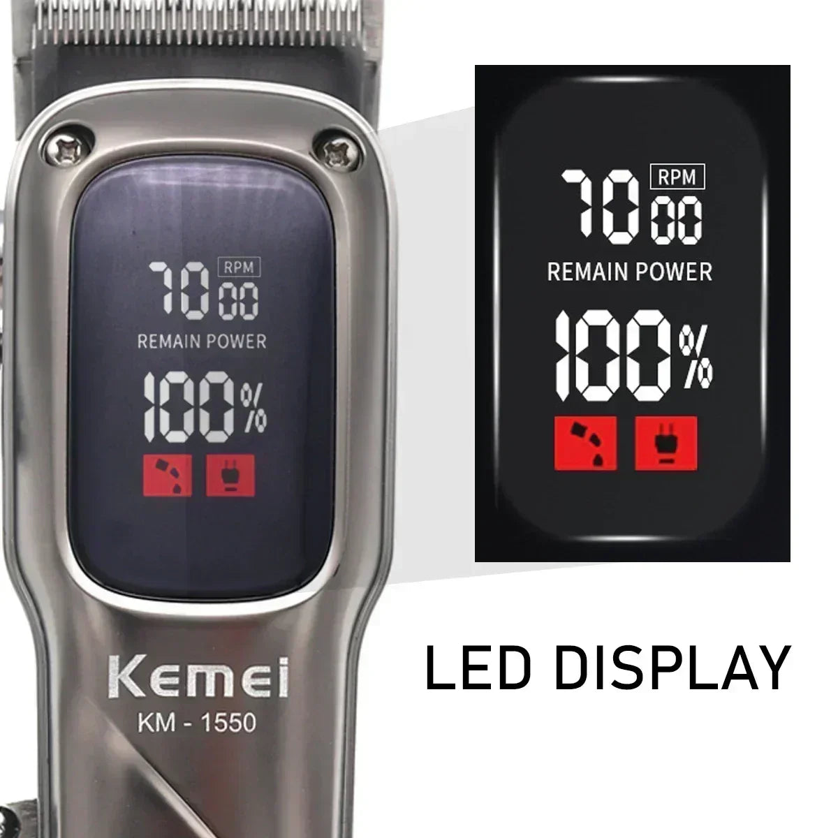 KEMEI Km-1550 Professional Hair Clipper for Men LED Display Low Noise Cordless USB Interface Hair Cutting Machine Hair Trimmer