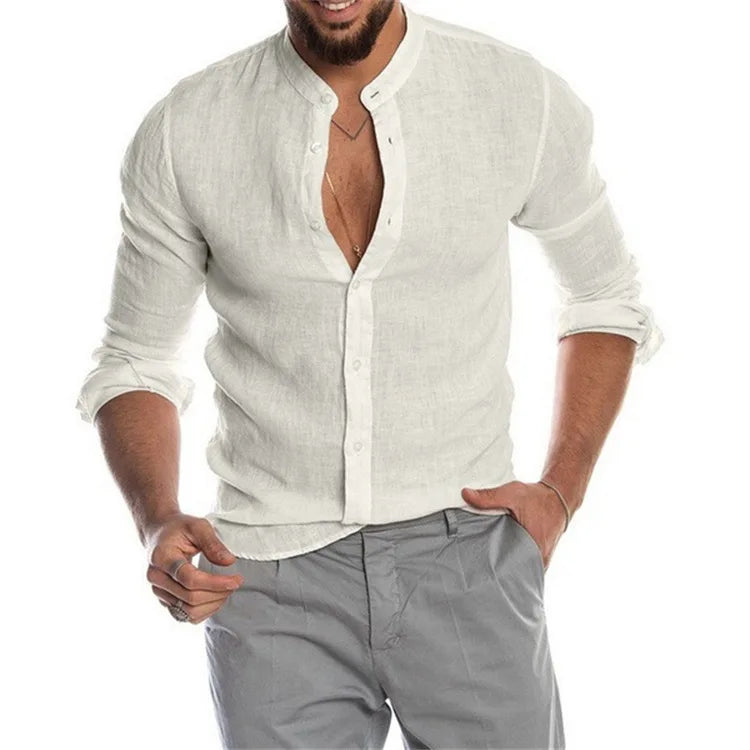 2023 New Men's Solid Color Linen Long Sleeve Shirt Stand Collar Cardigan Long Sleeve Loose Men's Shirt