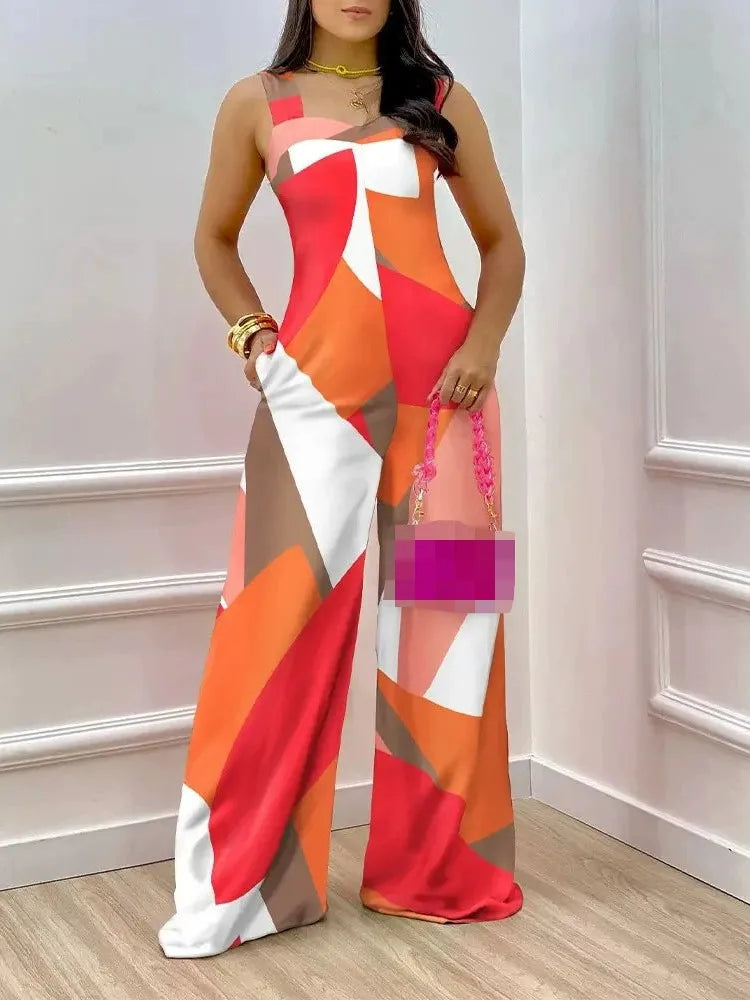 Summer New Women's Fashion Printed Sexy Sleeveless Chest Wrapped Suspender Casual Loose Jumpsuit Pants