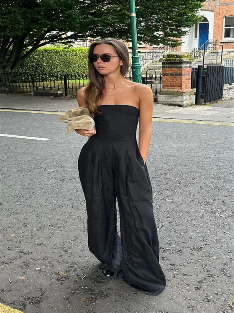 Sexy Backless Women's Jumpsuits Solid Off Shoulder Waist Cinching Pockets Wide Leg Pants Lady Bodysuit Summer Female Outwears