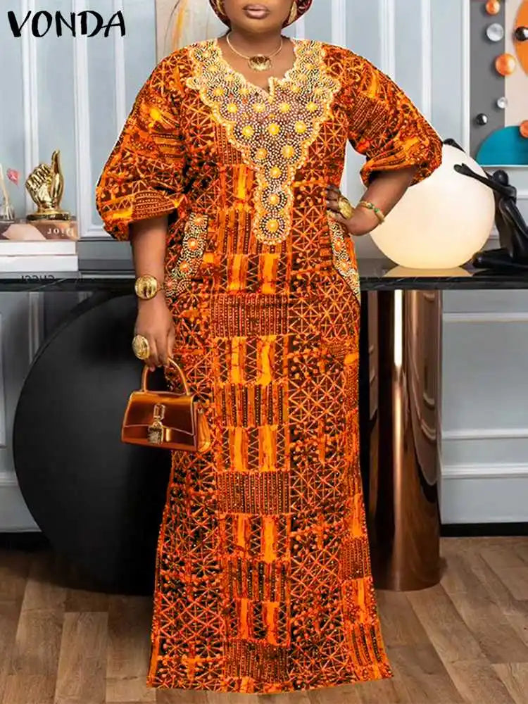 Plus Size 5XL VONDA Bohemian Summer Women Long Dress Printed Sundress Fashion Puff Sleeve V Neek Loose Casual Vestidos Robe