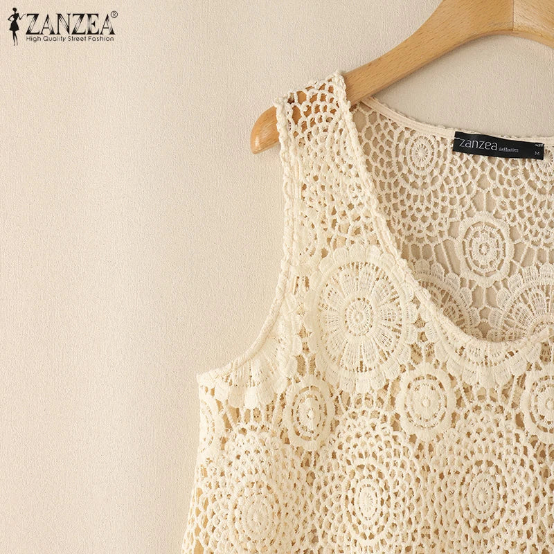 2025 Women Sleeveless Tanks Tops ZANZEA Summer Bohemain Lace Crochet Blouse Casual Loose Camis Fashion Holiday Beach Shirt Mujer