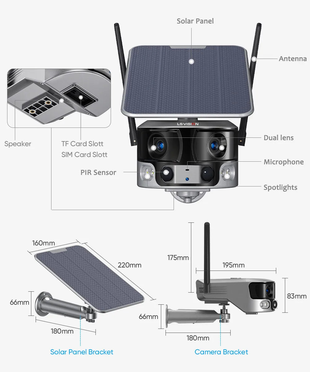 LS VISION 8MP 4G Solar Security Camera Outdoor WIFI 180° Ultra Wide View Angle 4X Zoom Dual Lens PIR Human Detection CCTV Camera