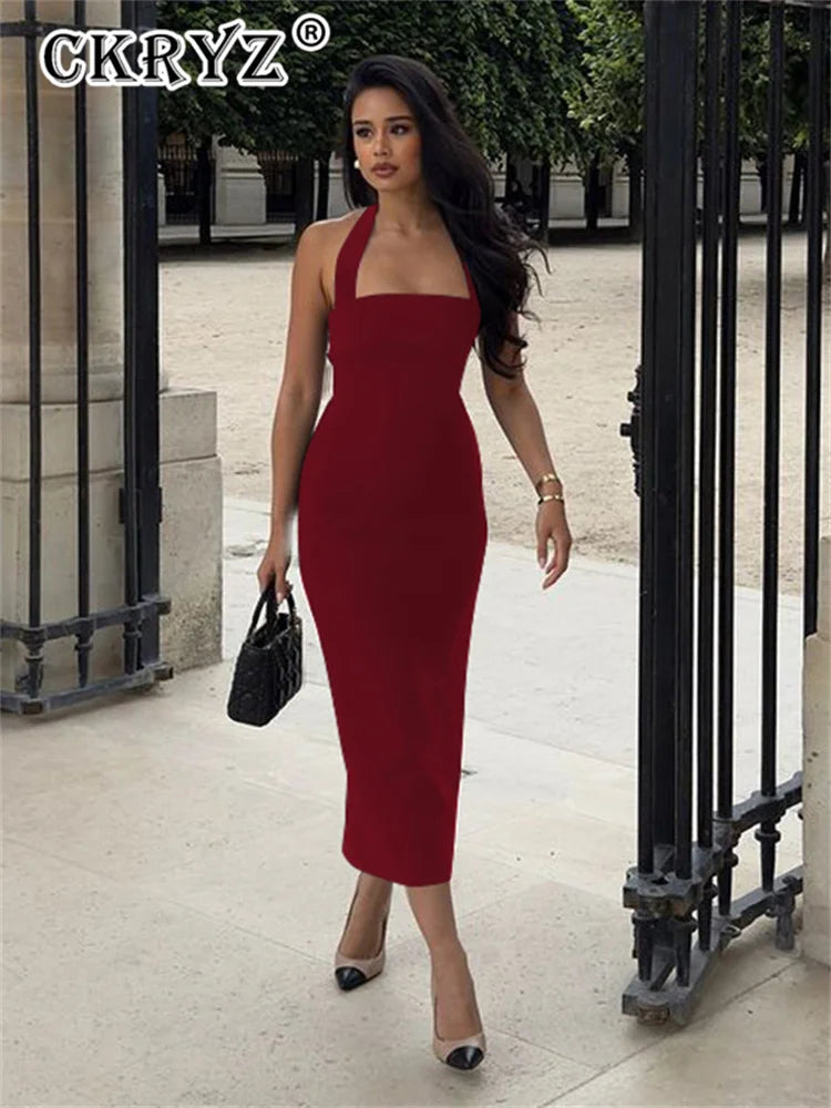 Ladies Summer Elegant New Midi Dress Women Sleeveless Backless Halter Long Dresses Evening Party Club Streetwear Woman Clothes