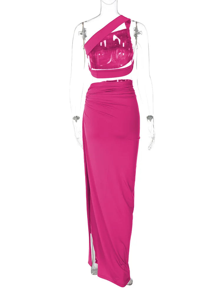 Ladies Summer 2 Pieces Set Women Sleeveless Backless Strap Spit Crop Top Side Slit Slim Long Skirt Evening Party Club Streetwear