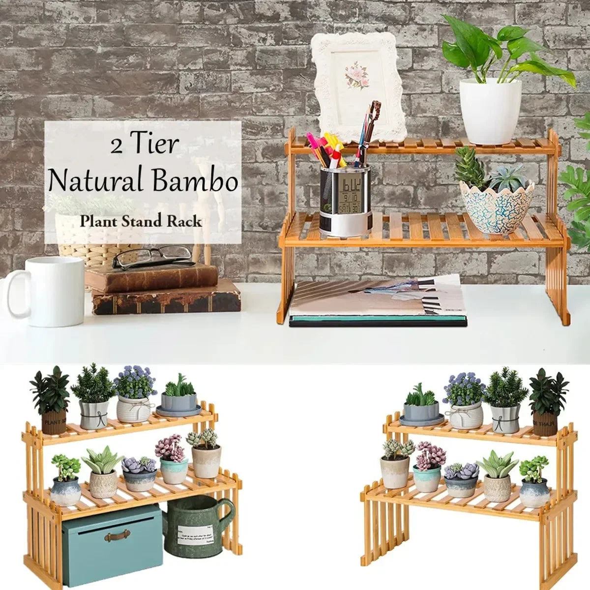 2Tier Simple Modern Decorative Natural Bamboo Flower Pot Plant Display Stand Shelf,Books Kitchen Household Supplies Storage Rack