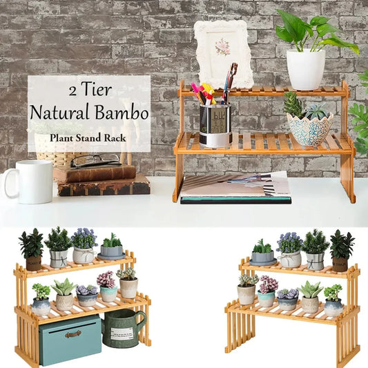 2Tier Simple Modern Decorative Natural Bamboo Flower Pot Plant Display Stand Shelf,Books Kitchen Household Supplies Storage Rack