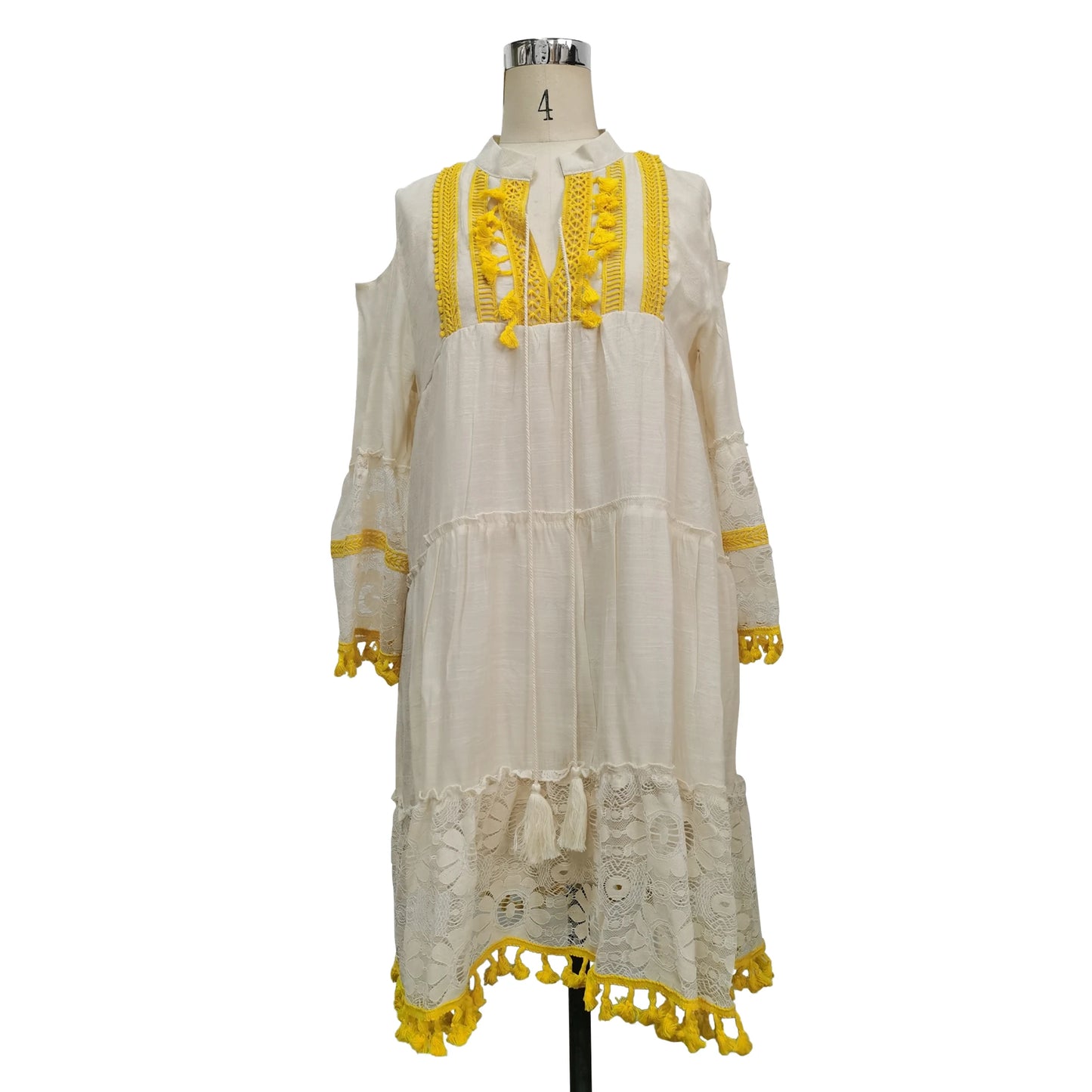 New Spring Embroidery Crochet Lace Boho Dress Women Elegant Off Shoulder Tassel Ruffle Mini Dress Summer V Neck Lady Beach Dress