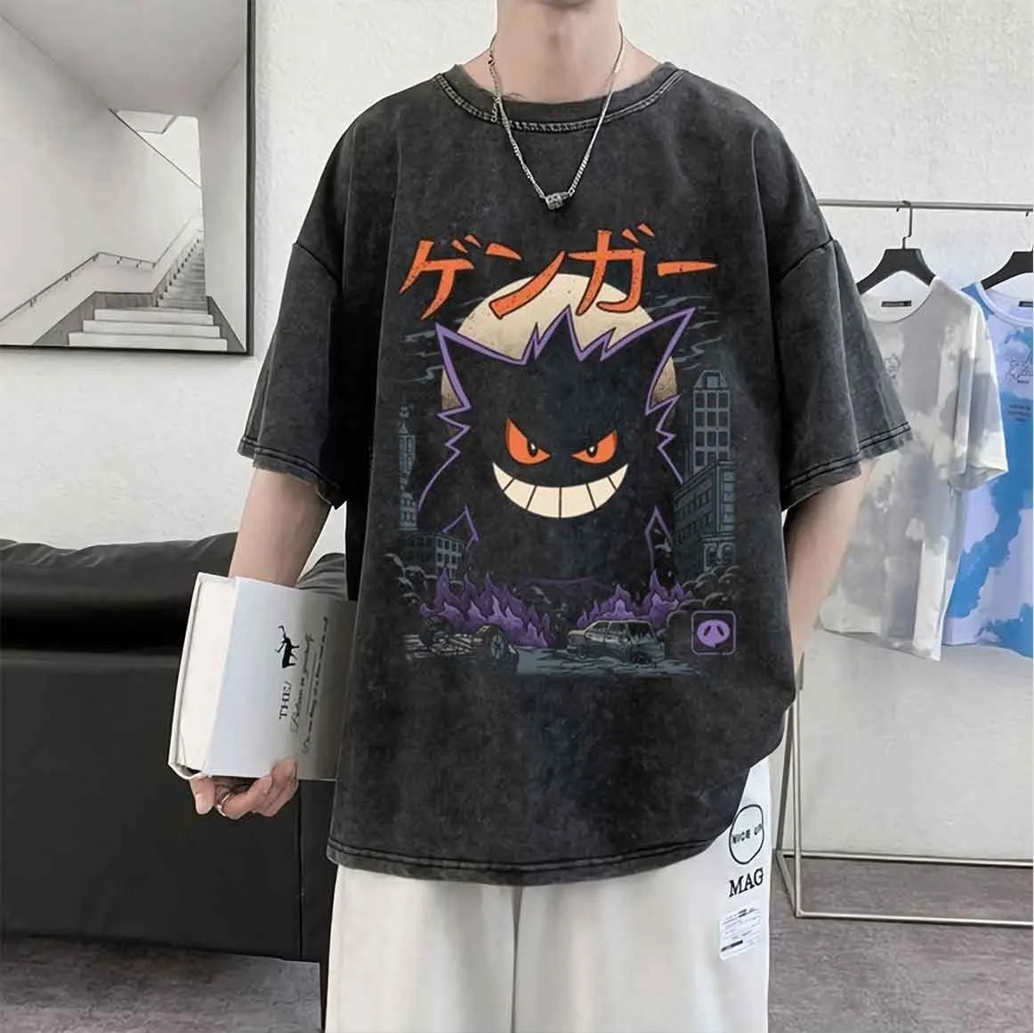 Pokemon Gengar Graphic T-shirts Man Summer Y2k Clothes Women Washed Cotton Casual Short-sleeved Tee Oversized Streetwear Tops