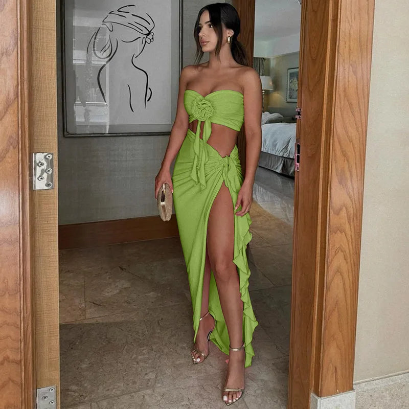 Ladies Matching Suit Applique Strapless Ruched Crop Top Ruffles Split Midi Dress Set Women Summer Party Club Y2K Fashion Outfits