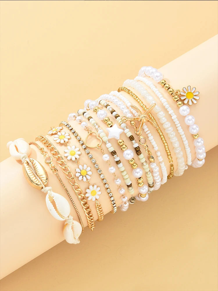 Boho Daisy Starfish Rice Beads Bracelets for Women Stacked Heart Imitation Pearl Chain Bracelet Fashion Jewelry Beach Summer
