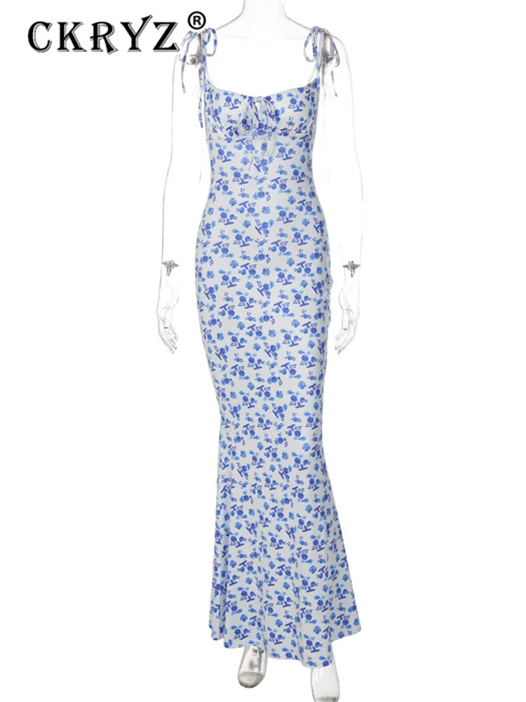 Ladies Summer Floral Print New Fashion Evening Party Dress Sleeveless Backless Sexy Long Dresses Woman Clothes Birthday Clubwear