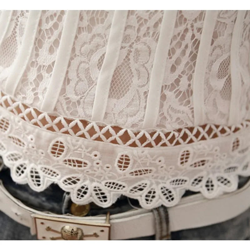 Summer Casual Solid Blouses for Women Petal Sleeve Floral Lace Tops Sweet Chiffon O-neck Short Shirts Elegant Chic New 01C