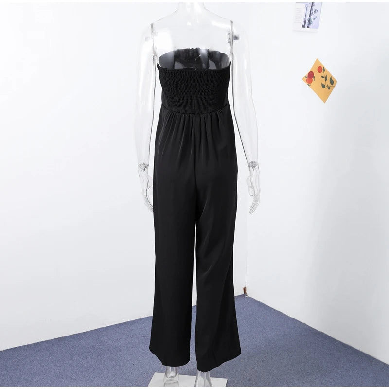 Sexy Backless Women's Jumpsuits Solid Off Shoulder Waist Cinching Pockets Wide Leg Pants Lady Bodysuit Summer Female Outwears