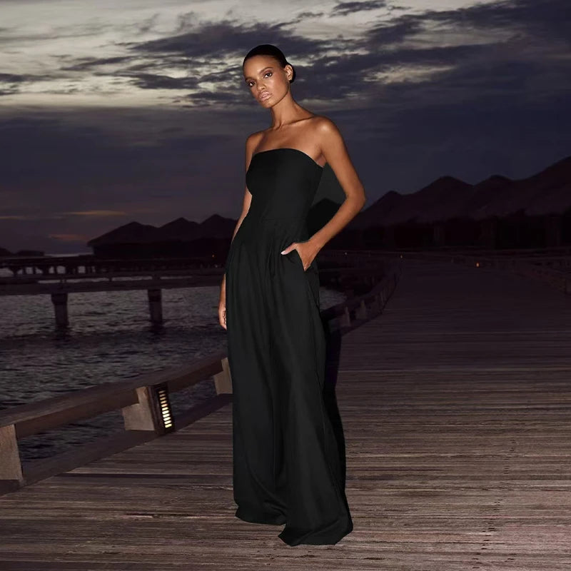 Sexy Backless Women's Jumpsuits Solid Off Shoulder Waist Cinching Pockets Wide Leg Pants Lady Bodysuit Summer Female Outwears