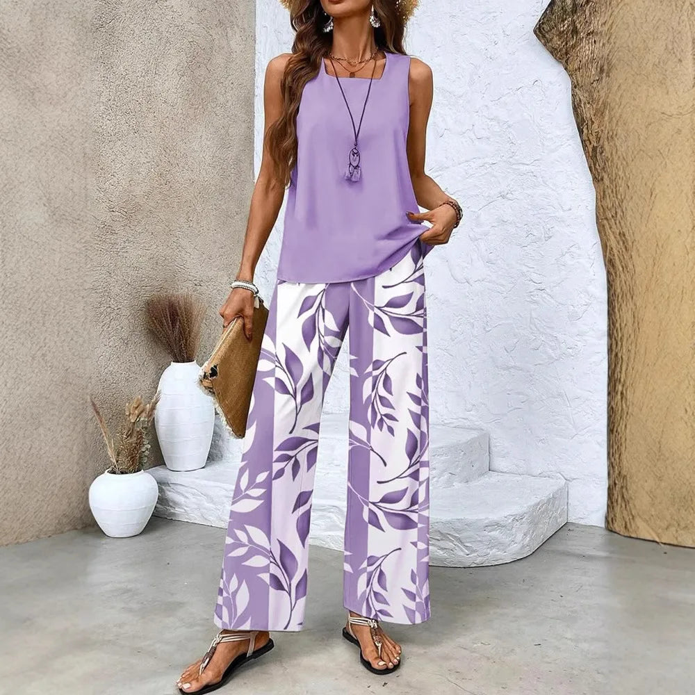 Summer New Women's Flower Stripe Print Two-Piece Set Square Collar Sleeveless Vest Solid Tops & Long Pants Sets Female 2025