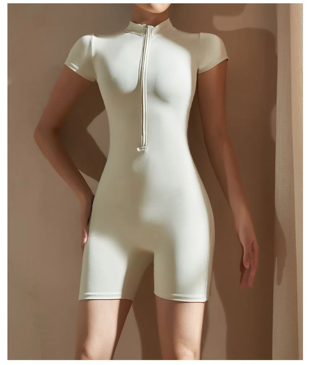 Womens Yoga Short Sleeve Jumpsuits Slim Fit Stretch One Piece Playsuits Romper Sexy Fitness Female Basic Zipper Sportwears