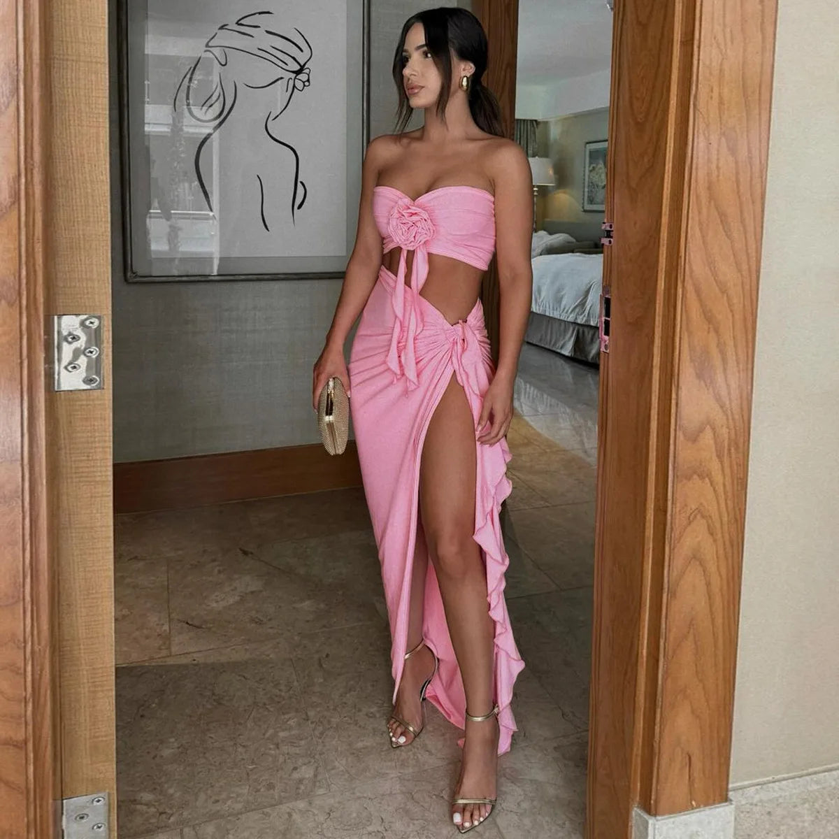 Ladies Matching Suit Applique Strapless Ruched Crop Top Ruffles Split Midi Dress Set Women Summer Party Club Y2K Fashion Outfits