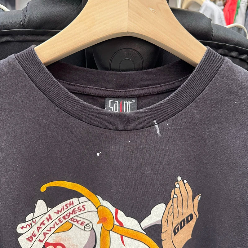 25SS Saint Cartoon Style Female Warrior Graphic T Shirts Street Fashion Men Short Sleeve