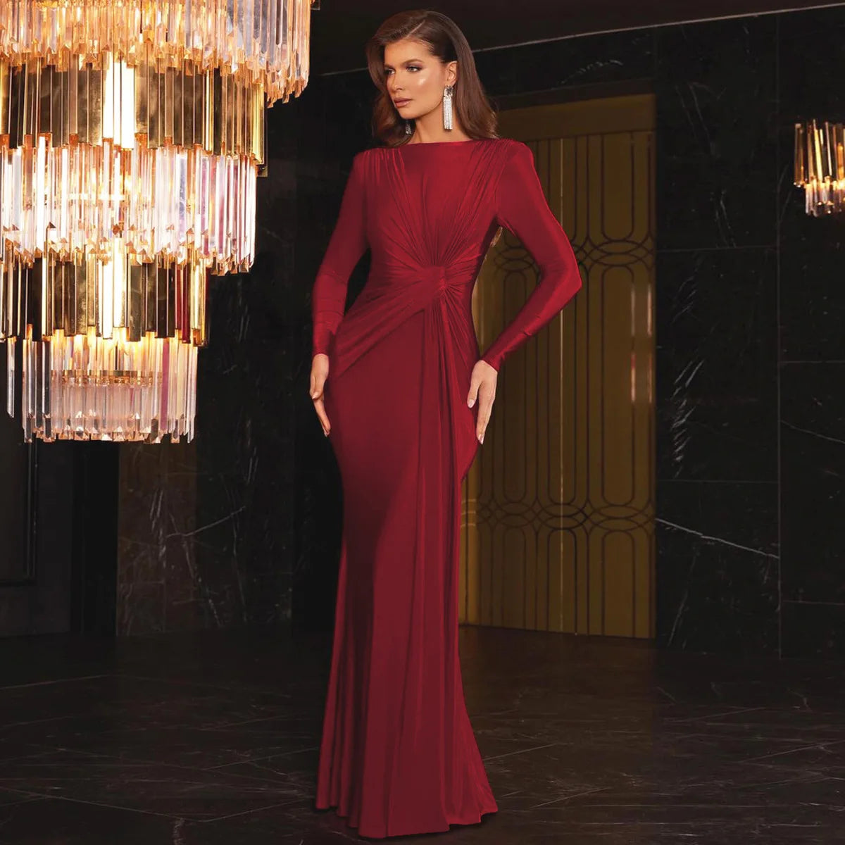 Ladies Elegant Evening Party Dress Women Long Sleeve O-Neck Ruched Fashion Long Dresses Woman Night Club Streetwear Fall Outfit