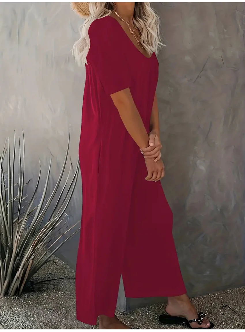 Plus Size 0XL-5XL Summer Rompers Overalls Women's Solid Color Jumpsuit with Pockets Casual Fashion Short Sleeve Jumpsuits