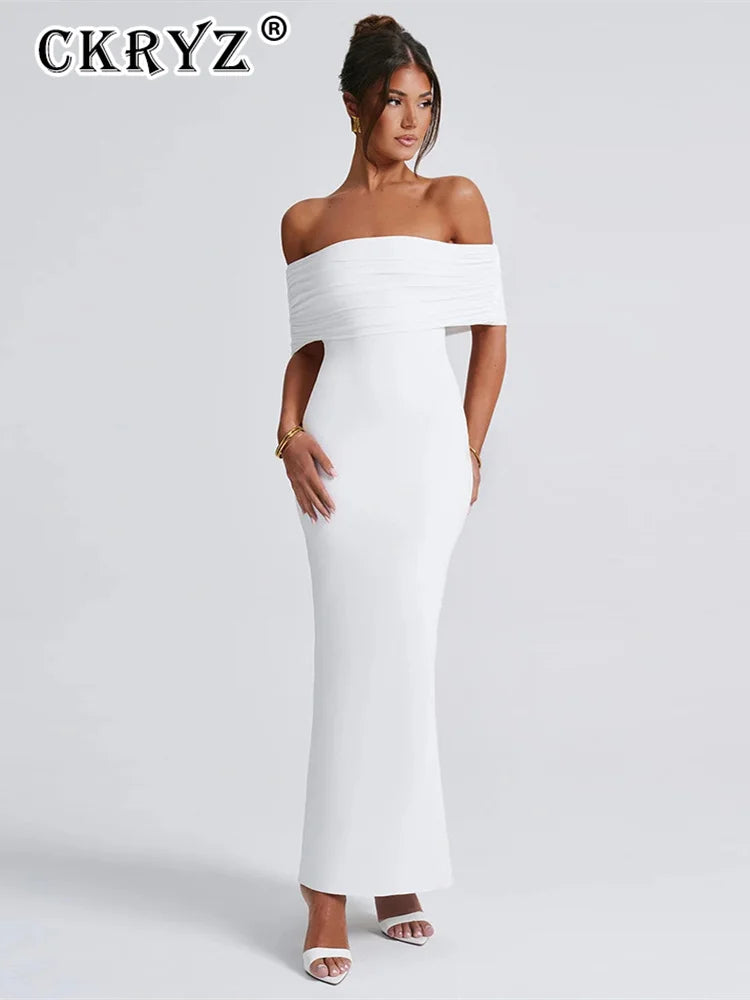 Ladies Summer Off Shoulder Fashion Evening Party Dresses For Women Strapless Backless Ruched Maxi Dress Birthday Clubwear Outfit