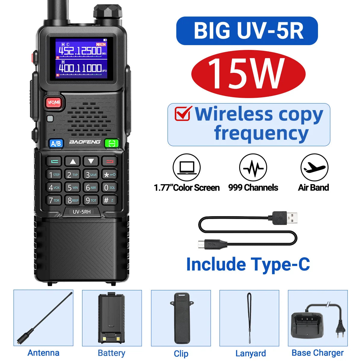Baofeng UV 5RH 10W Air Band Walkie Talkie Long Range Wirless Copy Frequency Two Way Ham Radio Type-C Baofeng UV 5R Transceiver