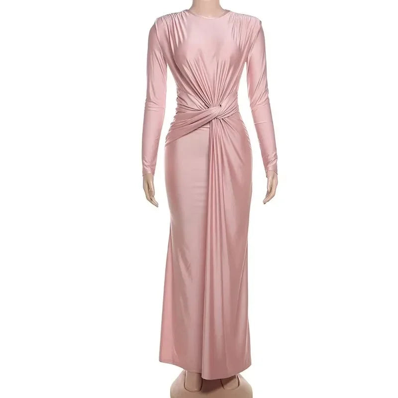 Elegant High Waist Pleated Maxi Dress Women's New Solid O Neck Long Sleeve Slim Dress Luxury Party Evening Gown Robe