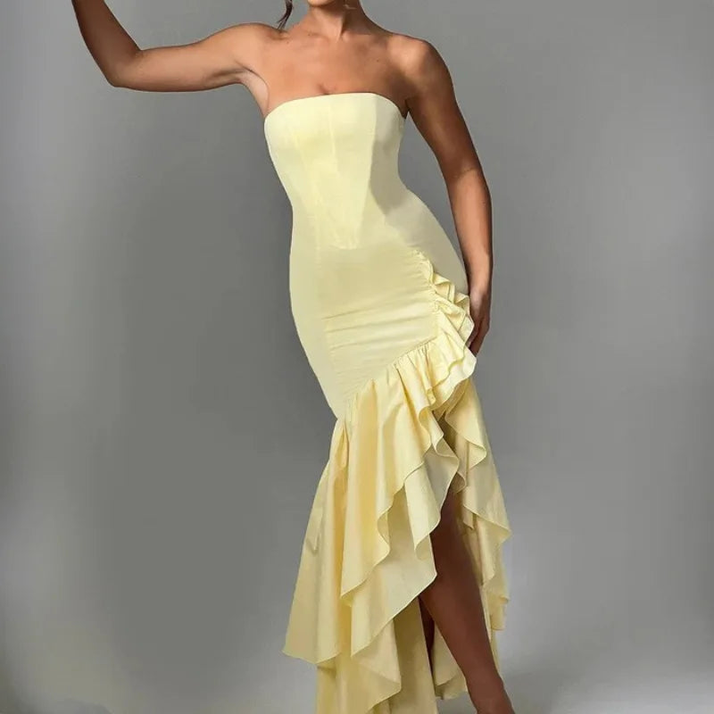Ladies Summer Ruffle New Fashion Elegant Evening Party Dress Women Sleeveless Backless Tube Bodycon Maxi Dresses Female Clubwear