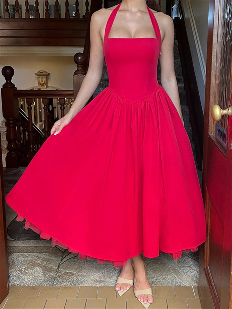Ladies Summer 2 Layers Elegant Evening Party Dress Women Sleeveless Backless Halter Maxi Dresses Club Streetwear Female Outfits