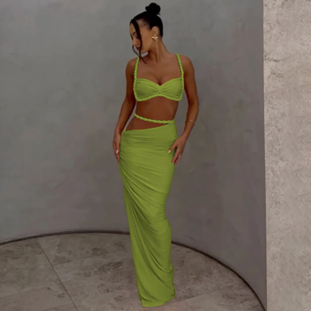 Ladies Summer Party 2 Piece Skirt Set Women Sleeveless Backless Crop Top Long Skirts Matching Sets Club Streetwear Woman Clothes