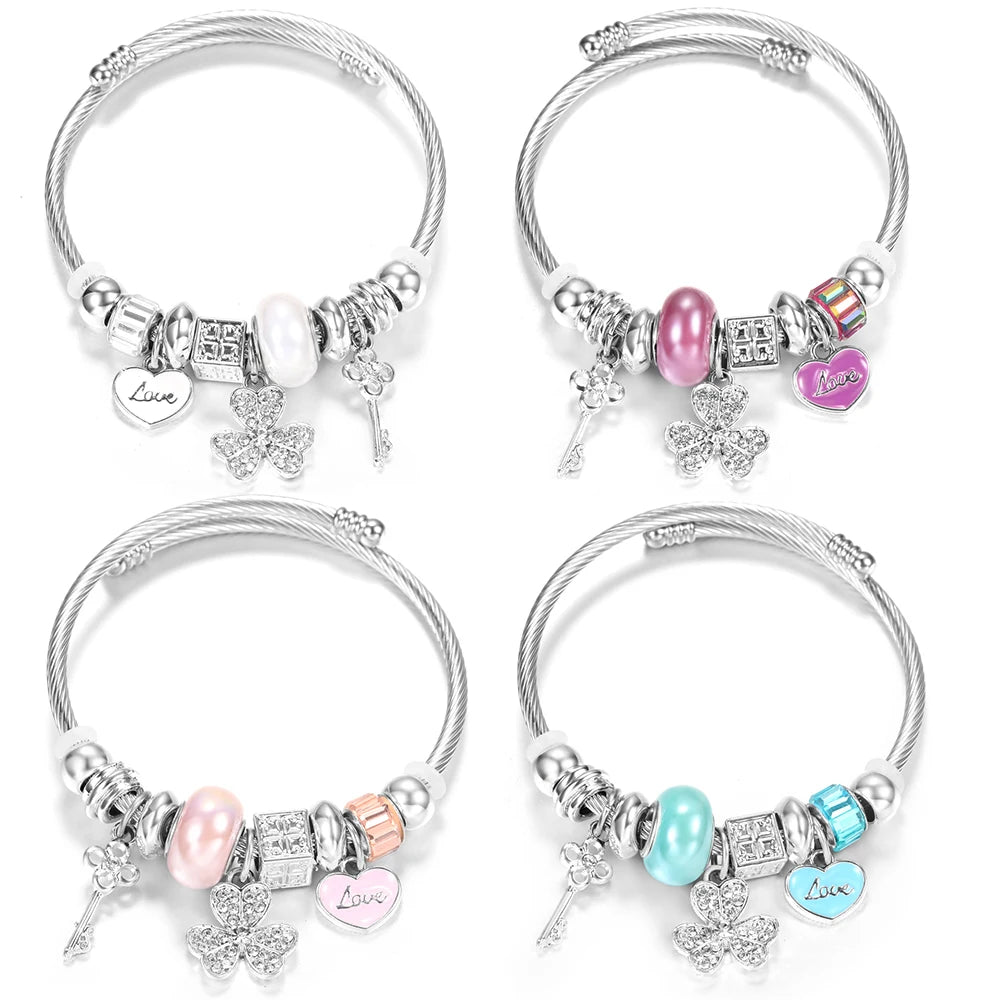 New Rhinestone Heart Shaped Pendant Stainless Steel Beaded Bracelet 4 Colors High Quality Closure Bangles Women Bracelet Jewelry