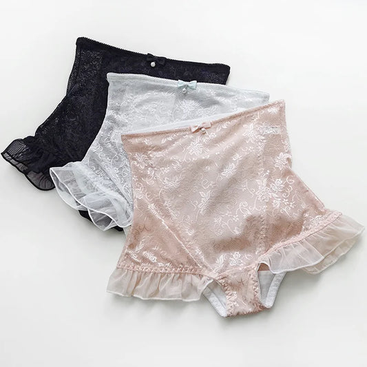 SP&CITY High Waist Flower Embroidery Sexy Lace Women's Underwear Transparent Shorts Mesh Hollowed Panties Ruffle Seamless Briefs