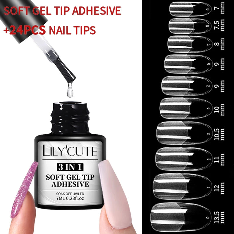 LILYCUTE 7ml 3 IN 1 Soft gel tips ADHESIVE Gel 24Pcs False Tips Extend Nails Function Gel Soak Off UV LED Nail Gel