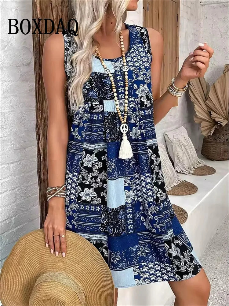 Striped Print Dresses Summer Elegant Women'S Clothing Fashion Loose Sleeveless A-Line Dress 2025 Sundress Casual Plus Size Dress