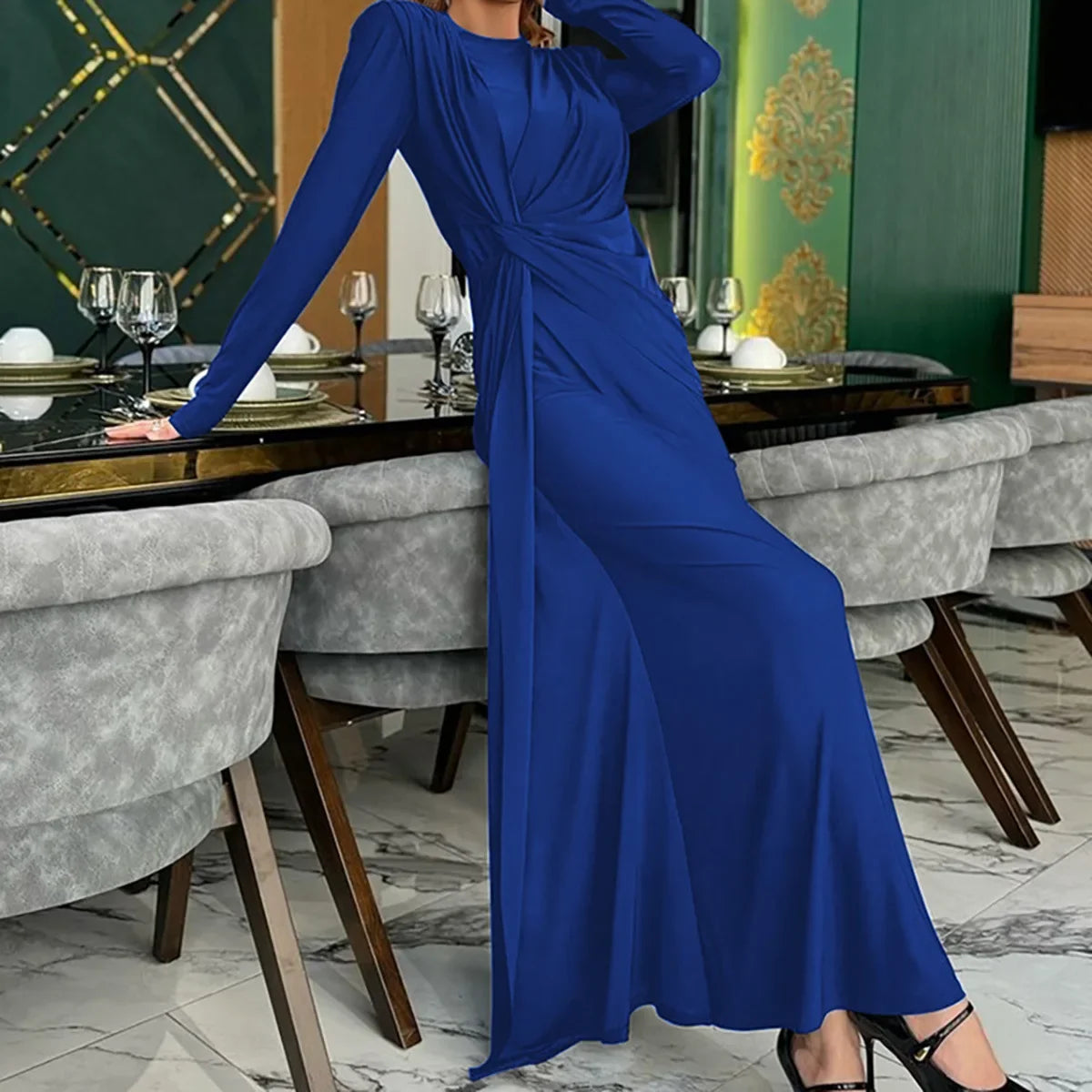 New Elegant High Waist Folds Long Maxi Pink Dresses for Women 2025 Chic O-neck Long Sleeve Tunics Slim Solid Party Evening Dress
