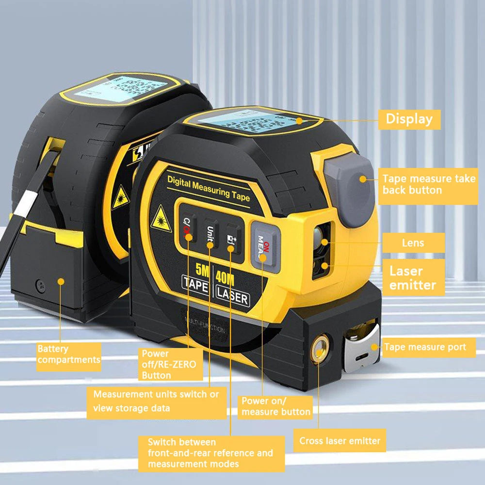 3 in 1 Laser Rangefinder 5m Tape Measure Ruler LCD Display with Backlight Distance Meter Building Measurement Device