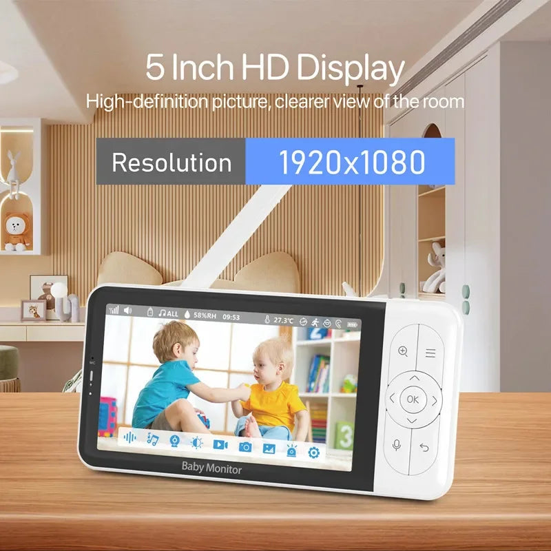 Tuya Smart Wireless Video Baby Monitors 5" 1080P Display Temperature Detection APP View Control Baby Nanny 2-Way Audio Baby Cam