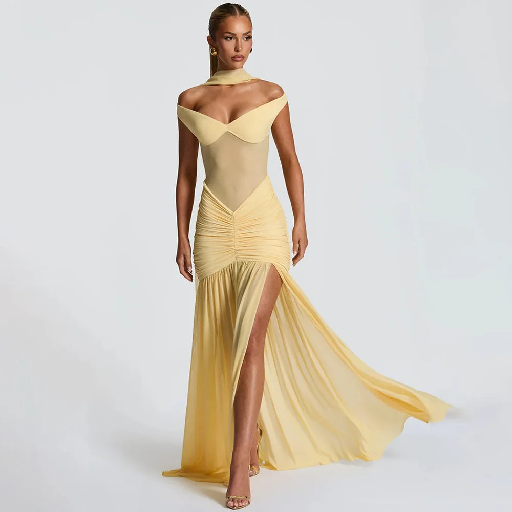 Ladies Summer Elegant Evening Party Dress Women Sleeveless Backless Side Slit Mesh Long Dresses Woman Clothes Birthday Clubwear