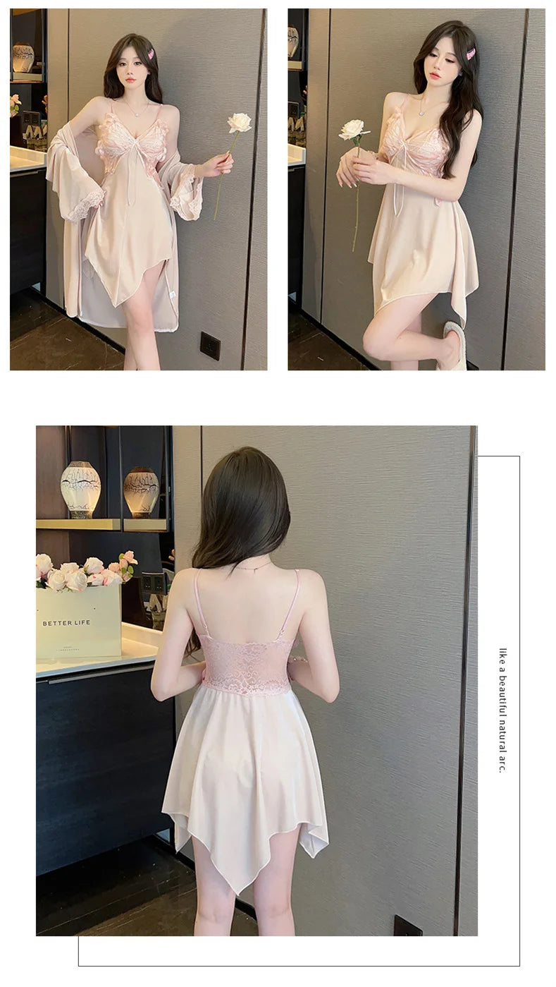 Summer Sling Lace Women's Underwear Two-Pieces Set Satin Silk Sleepwear Butterfly Embroidery Backless Nightdress