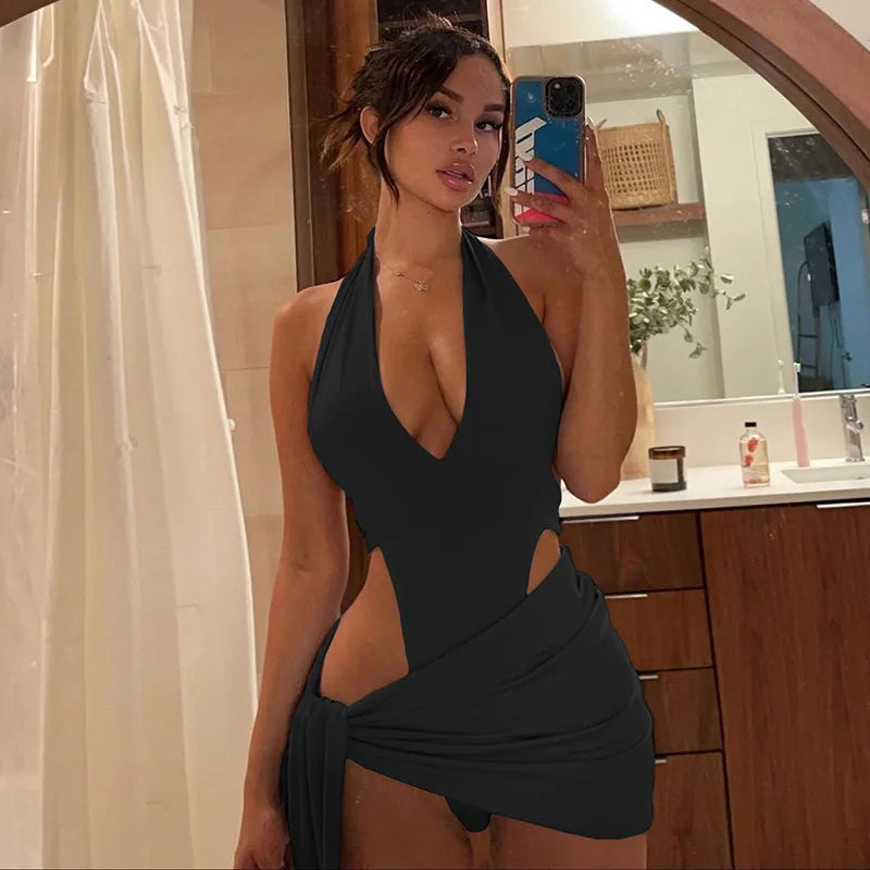 Ladies 2 Pieces Dress Set Women Sleeveless Backless Halter Bodysuit Top Skirt Matching Sets Woman Clothes Club Streetwear 2025